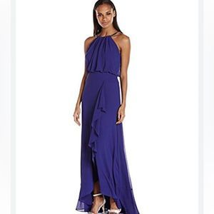Eliza J  Decorative Metal Necklace Royal Blue Front Layered Halter Gown